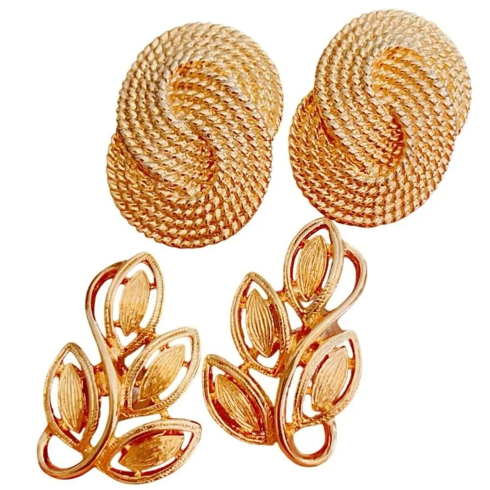 Lot Of 2 Earrings Signed Napier Leaf & Rope Knot Design Gold Tone Post